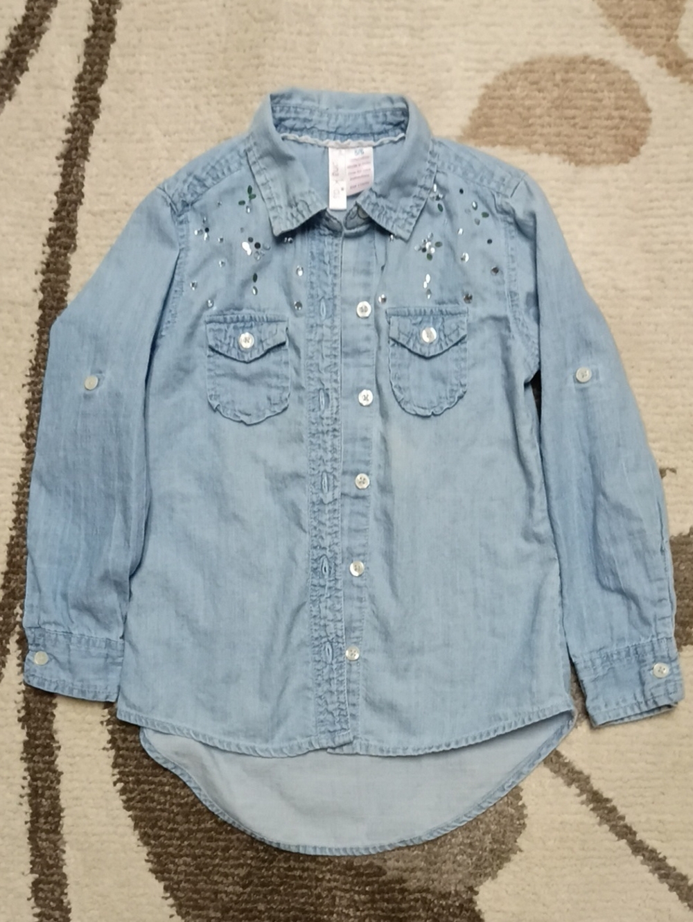 A283 Light Blue Girls Denim Button-Up Shirt with Embellished Yoke